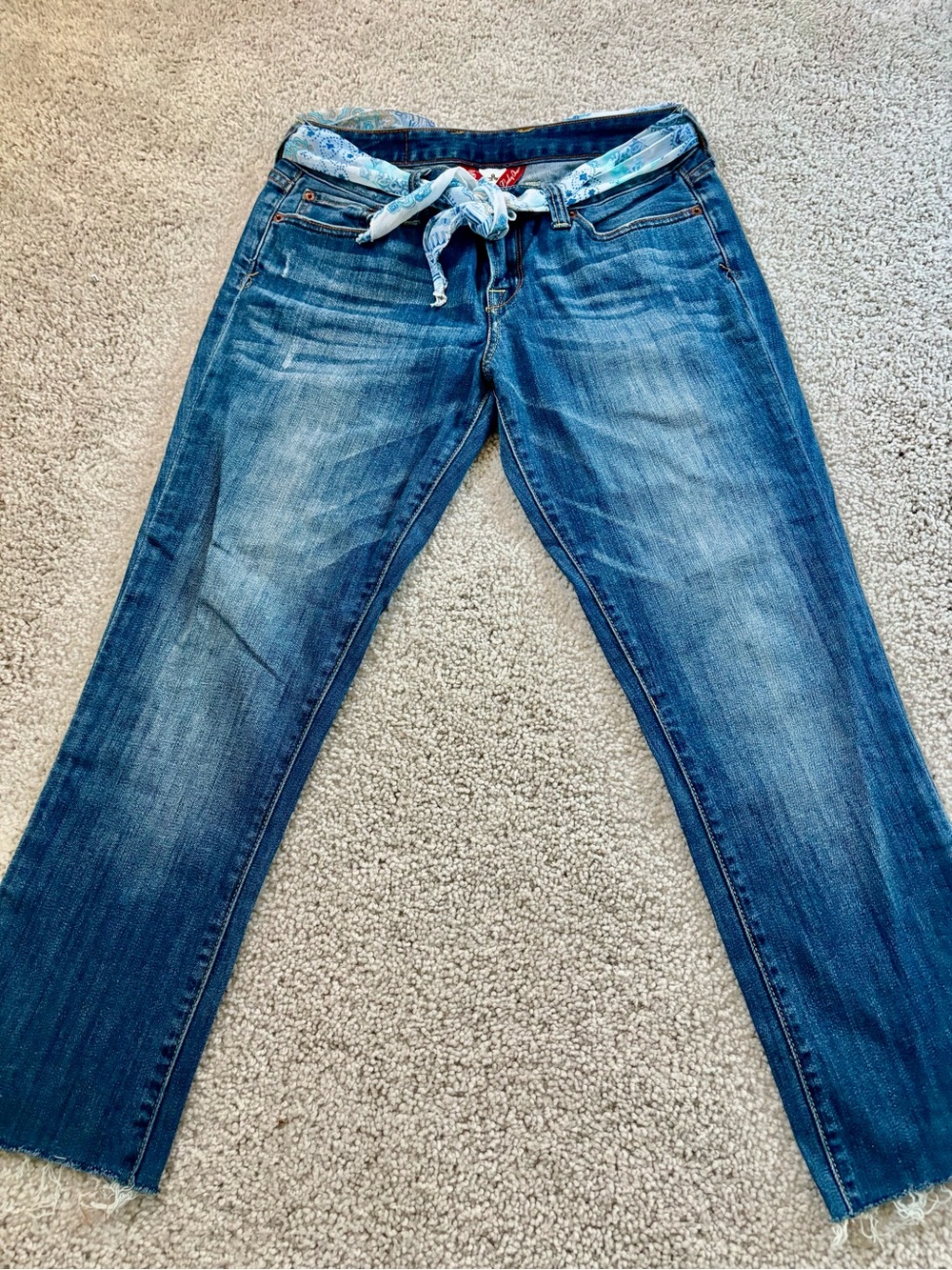 Lucky Brand Distressed Mid-Blue Straight-Leg Jeans with Waist Tie